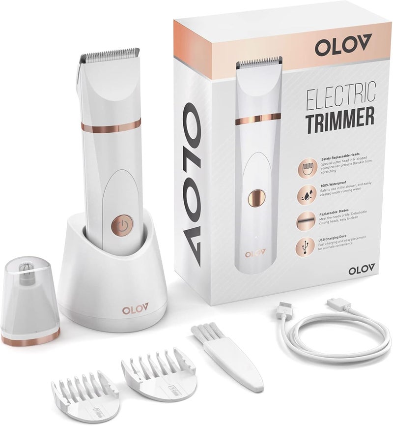 OLOV Electric Body Hair Trimmer - Groin Trimmer for Men - Bikini Trimmer Women - Wet/Dry Shaver Groomer, Replaceable Ceramic Blade Heads, USB Recharge Dock, Waterproof Hygiene Razor, White - Image 2